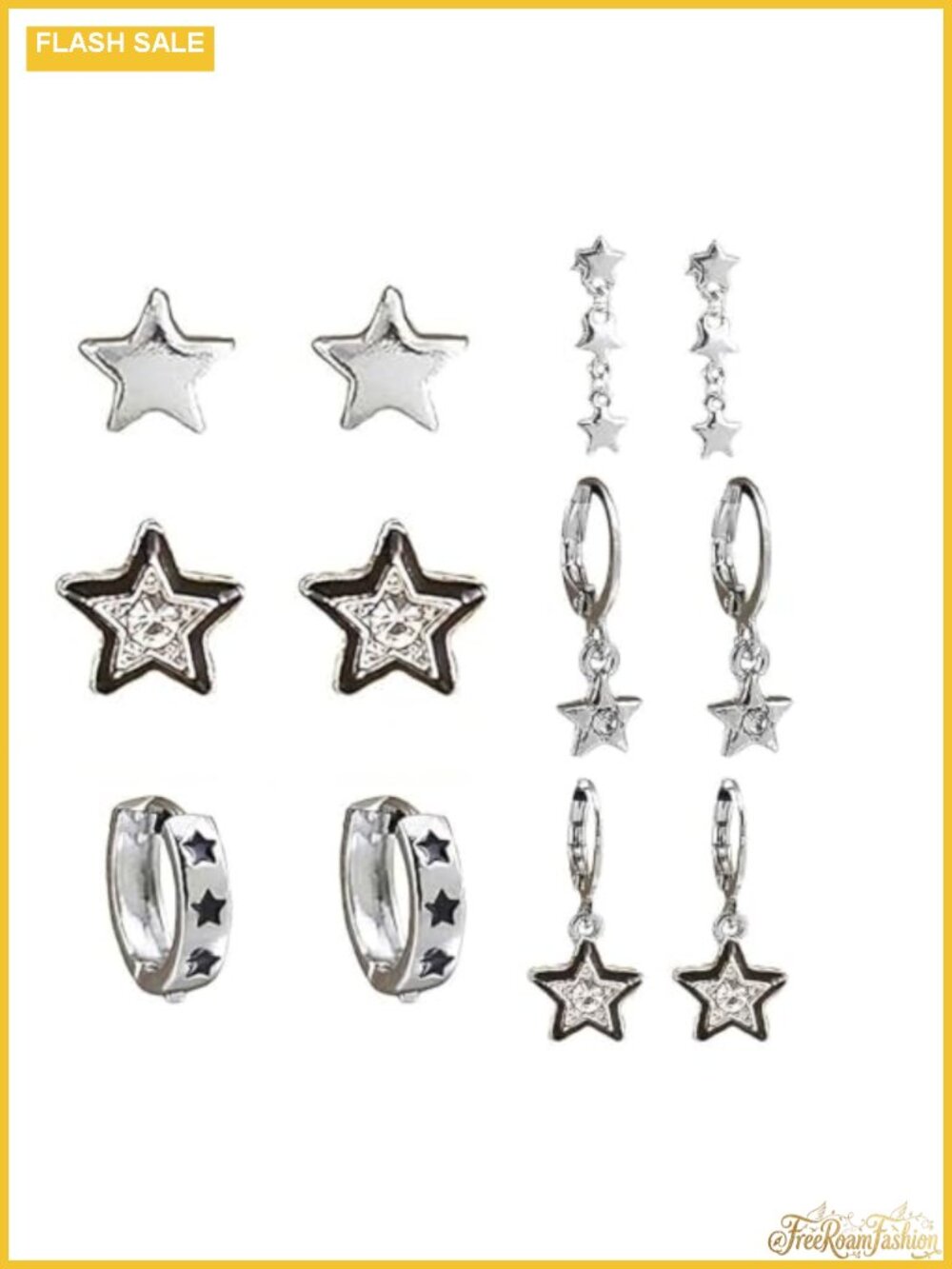 6 Pair Y2K Star Earrings Set Grunge Punk Silver Alloy Hypoallergenic Screw Back